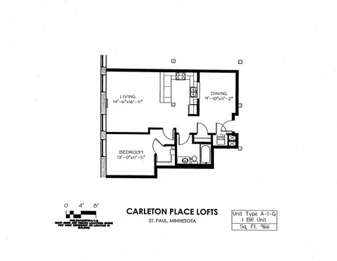 Floor plan for 1 bed, 1 bath, 966 sqft